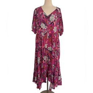Nurture Westbound Floral Midi Dress Boho Chic Pink Tiered V Neck Size XL rayon